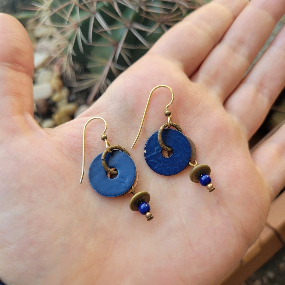 Vintage Gold & Navy Dangle Drop Hanging Hook Geometric Boho Earrings - Picture 7 of 7